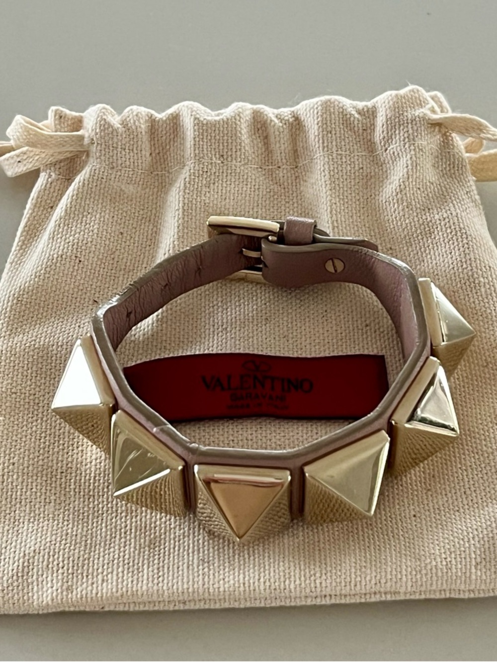Valentino Garavani Rockstud Oversized Pyramid Stud Leather Bracelet Poudre Color
